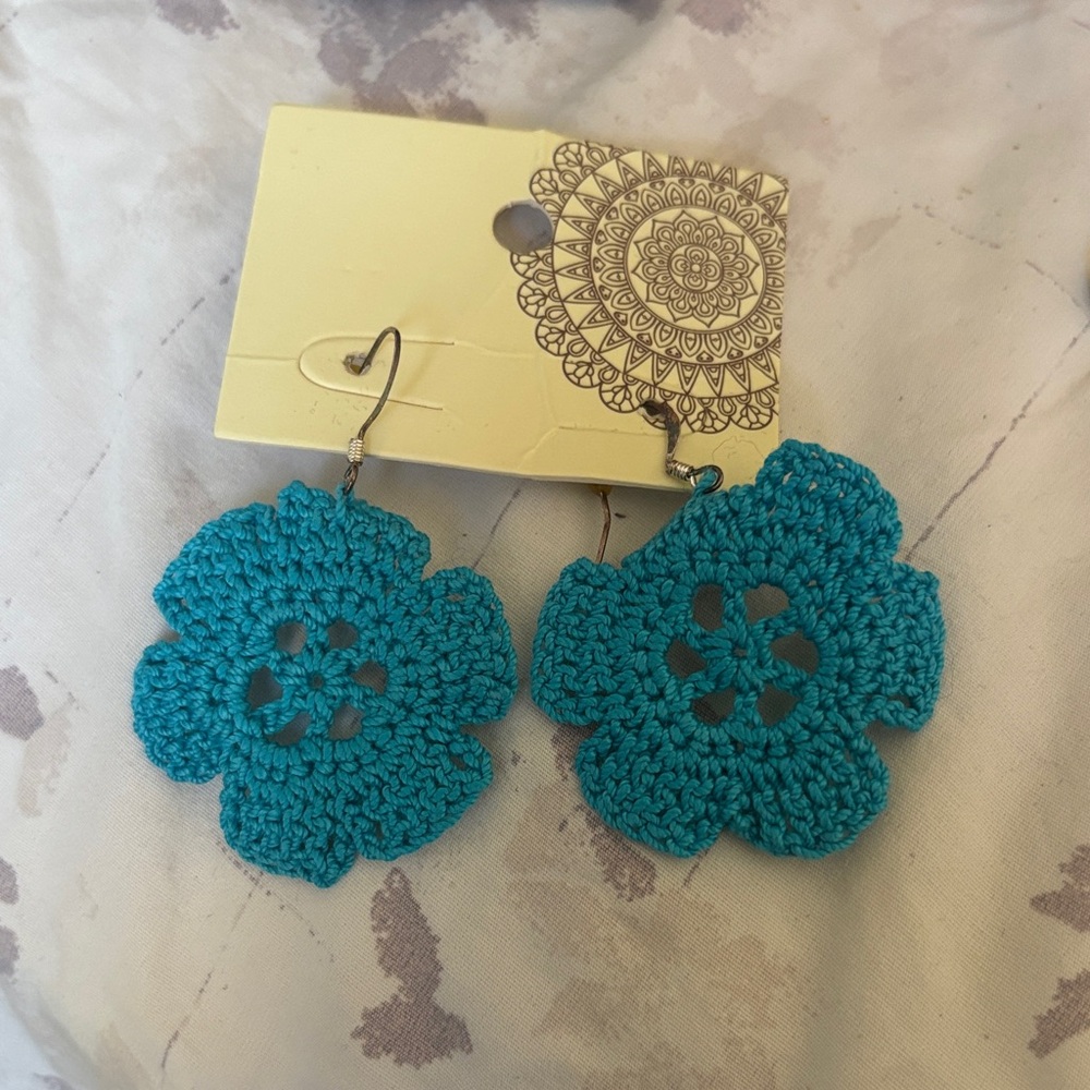 Handcrafted Teal Crochet Flower Earrings